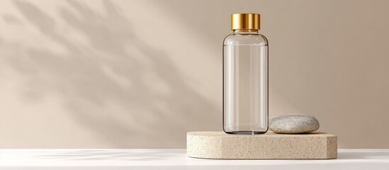 Hyper realistic glass water bottle with metallic gold cap on smooth beige stone pedestal with soft shadows
