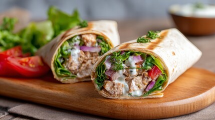 Macro side profile of a chicken shawarma wrap filled with buckwheat fresh vegetables and creamy sauce in golden brown tortilla