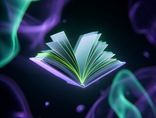 Levitating Hardcover Book with Illuminated Glowing Pages and Lilac Lime Green Neon Edges