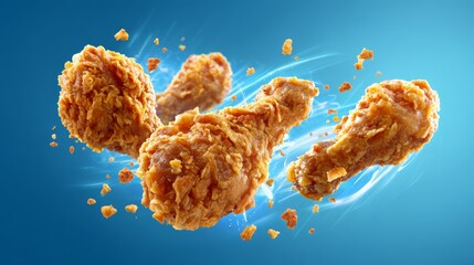 Levitating crispy fried chicken drumsticks in vibrant blue background with dynamic motion bursts and bold color highlights