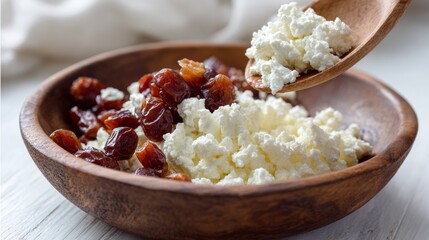 Rustic wooden bowl of creamy homemade cottage cheese topped with chopped dates in natural light