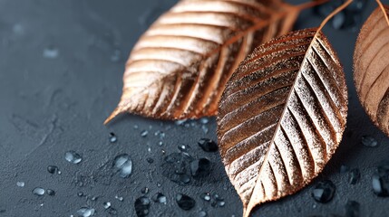 Reflective copper and golden autumn leaves arranged on dark matte surface with cinematic lighting