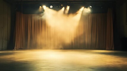 A theatrical stage is set with curtains and a spotlight, creating a dreamy atmosphere and beckoning viewers to experience the performance.
