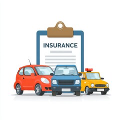 Insurance concept with various car models and a document, flat vector illustration