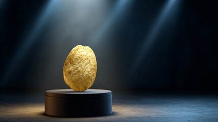 Single gleaming golden potato chip perched on plush crimson velvet pedestal under dramatic overhead spotlight