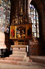 Nuremberg, Germany 10.17.2019: Stained glass of St. Lorenz (St. Lawrence), a medieval Evangelical...