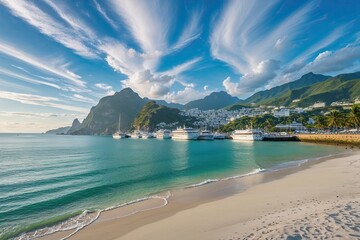 Stunning Harbor View with Pristine Sand Vibrant Ocean Waves and Serene Skies for an Unforgettable Escape