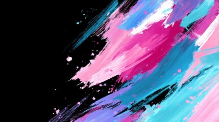 Vibrant Neon Pink And Blue Splashes On Clean Black Background With Bold Brush Strokes Dynamic Abstract Composition