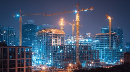 Cityscape at night under construction