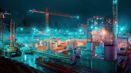 Night construction site glows with neon lights
