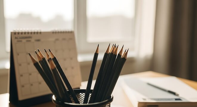 A close-up view of pencils in a small metal holder, next to a desk calendar, on a wooden surface, in a bright room.