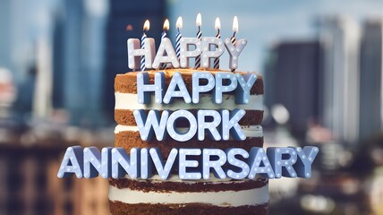 Fototapeta premium Celebratory Cake Marking a Work Anniversary with Cityscape Backdrop