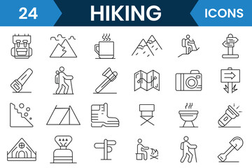 Hiking icon vector set. Mountain hiking icon set. Adventure mountain hiking icon. Activity, nature, trekking, walk, adventure concept design element. Vector illustration.