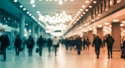 Blurred Crowd in Modern Airport Terminal: People Walking, Travel, Commuting, Ambience, Interior, Transportation, Lights, Teal and Orange Tones, Anonymous, Busy Illustration