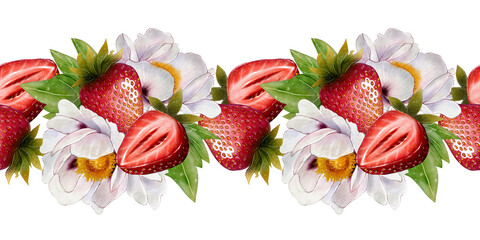 Seamless botanical border with ripe strawberries and white peony flowers. Hand-drawn watercolor illustration on white background. Great for cards, packaging, invitations, summer and food designs.