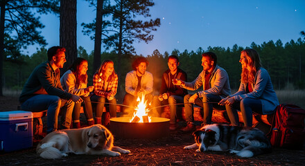 Friends Laughing Around Campfire with Dogs