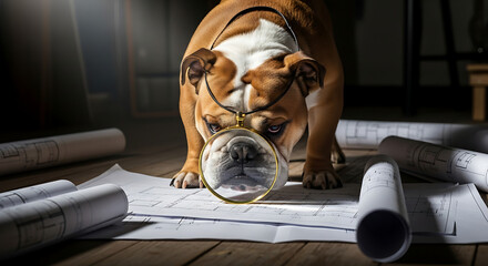 Bulldog Inspector with Magnifying Glass Sniffing Blueprints