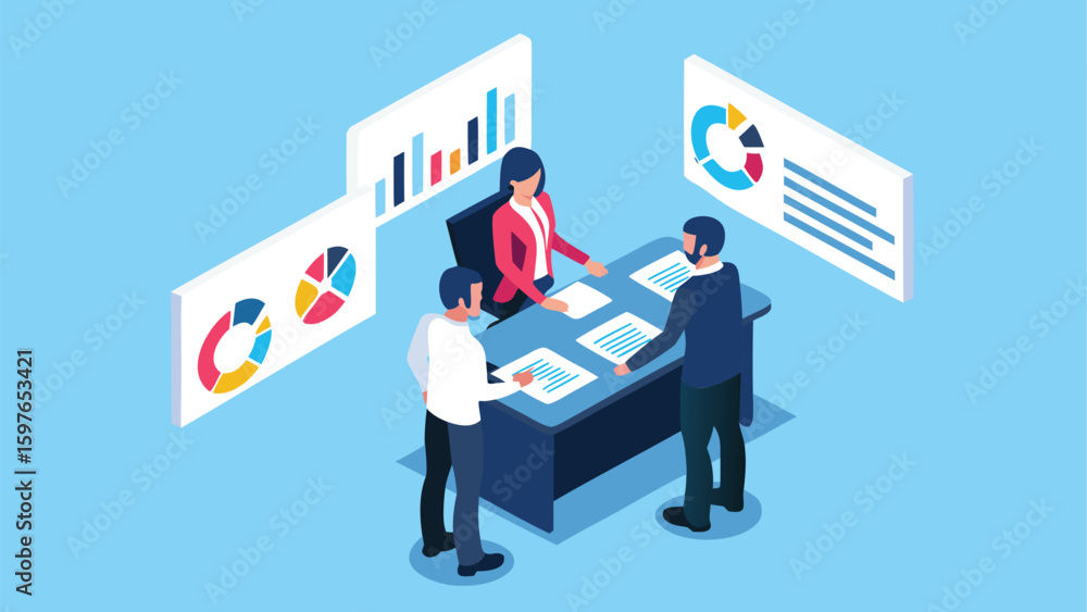 Poster isometric view of a business meeting with graphs and charts on screens and documents on the table