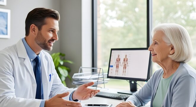 Male Doctor Talking to Elderly Female Patient in Medical Office with Anatomy Chart