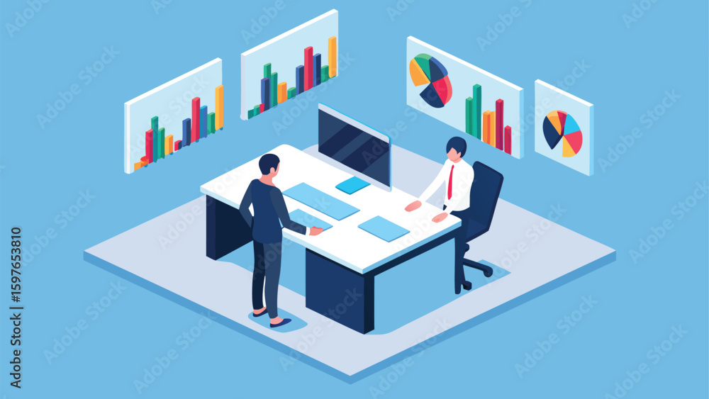 Aufkleber isometric view of two business people discussing data charts in a modern office setting design