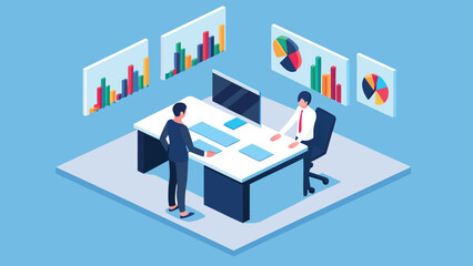 Isometric view of two business people discussing data charts in a modern office setting design