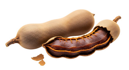 Two ripe tamarind pods with one opened revealing seeds and pulp isolated on transparent background