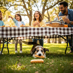 Happy family picnic with dog stealing food in sunny park