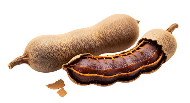 Two ripe tamarind pods with one opened revealing seeds and pulp isolated on transparent background