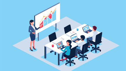 Isometric illustration of a business presentation with a presenter and meeting attendees at a table