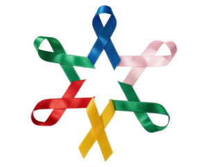 Colorful awareness ribbons form a star shape against a black background