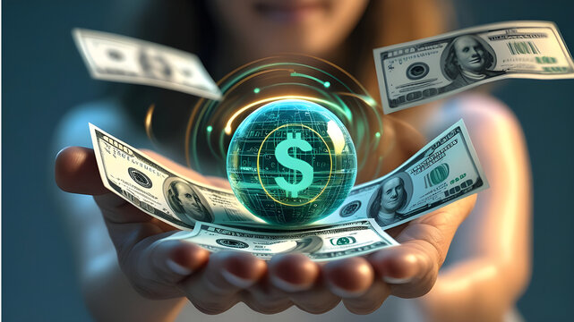Woman Holding Digital Currency Sphere Surrounded by Floating Cash Bills