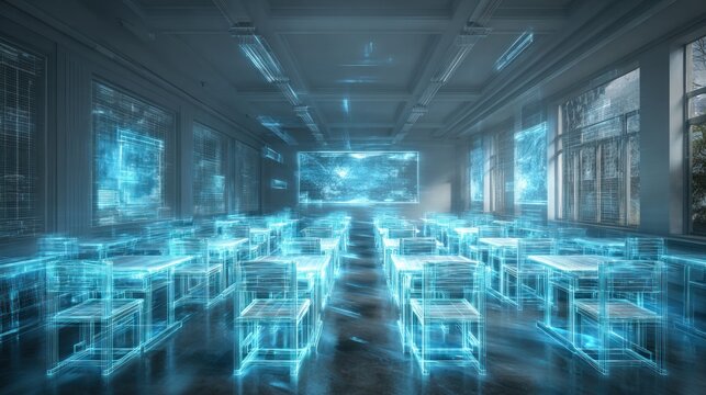 Futuristic classroom with holographic overlays