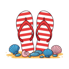 Flat design icon of red and white striped flip-flops upright on sandy ground, surrounded by colorful seashells and smooth pebbles, against a clean white background with a playful beach vibe