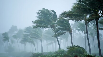 palm trees blowing in strong wind, hurricane weather, tropical storm, coastal wind, natural disaster .