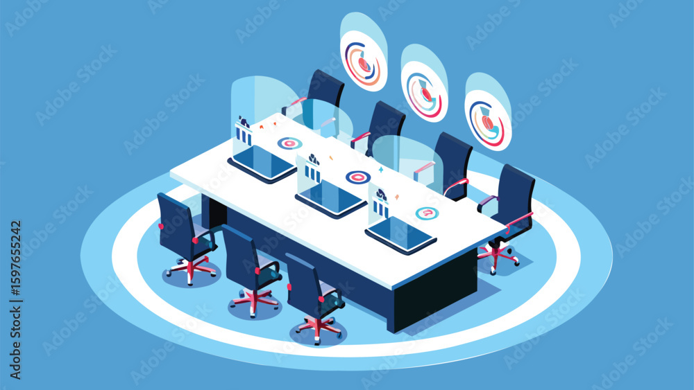 Poster isometric view of a conference room with chairs, table, laptops and data visualization graphics
