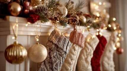 Close-up shot of festive mantelpiece: garland with ornaments, string lights, knitted stockings, natural tones