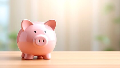 Pink piggy bank on a light wooden table