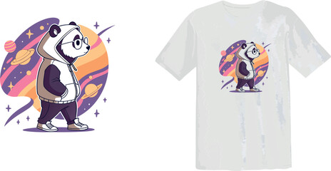Cool Panda Character in Hoodie and Glasses with Galaxy Background T-Shirt Design