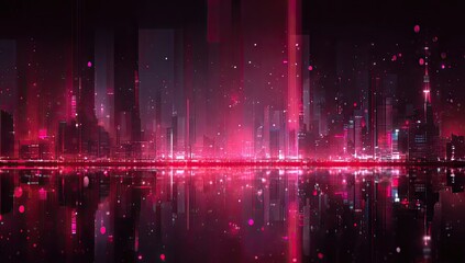 Futuristic city skyline at night, vibrant pink glow