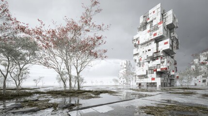 Futuristic city landscape with trees