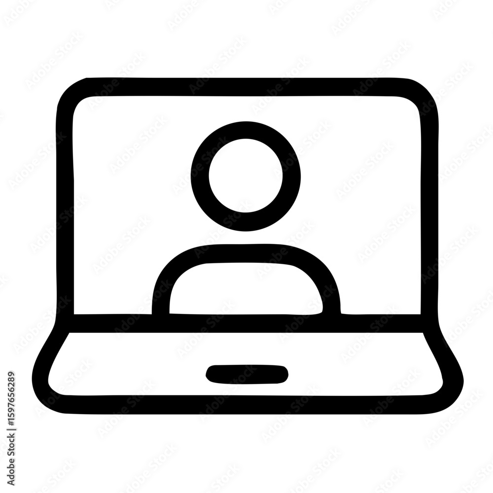 Poster simple solid style person on laptop computer communication device icon