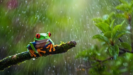 Red eyed tree frog sitting on branch in rain forest wildlife animal amphibian photo