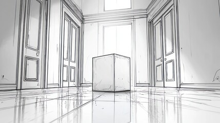 Interior sketch of a hallway with a cube object.