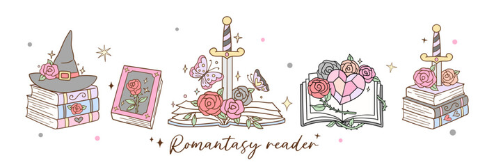 Naklejka premium Draw vector illustration banner fantasy book Girls reading Romance novel Doodle cartoon style
