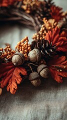 Elegant close-up of fall wreath on textured linen background, handwoven with acorns, red-orange leaves