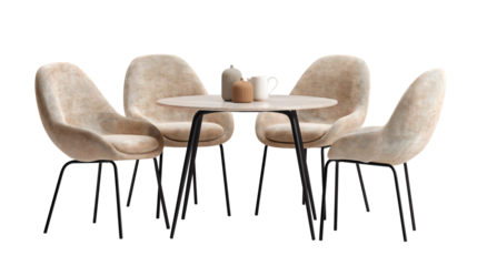 Modern scandinavian style dining room furniture set,  four beige upholstered chairs with black metal legs surrounding round white table with ceramic accessories isolated on transparent background.
