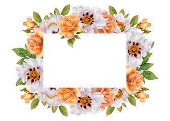 Watercolor frame with orange roses and white peonies, green leaves. Hand-drawn illustration in botanical style. White center. Ideal for greeting cards, birthday, wedding, funeral or invitation design.