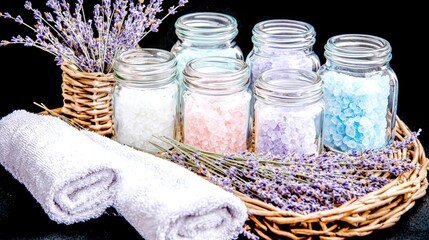 A set of pastel-colored bath salts displayed in glass jars, arranged on a wicker tray with dried lavender sprigs and linen napkins, ideal for summer spa advertising