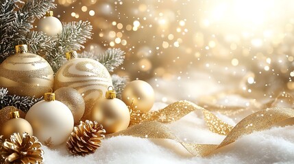 Festive christmas ornaments and decorations in elegant gold and white colors with bokeh effect.