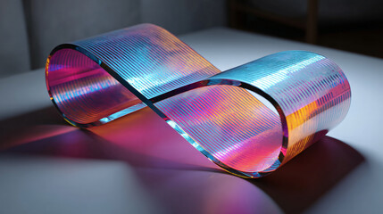 Artistic Glass Sculpture Light Colors Reflection Modern Curves Unique Vibrant Interior Wave Shiny Decorative Aesthetic Luminous Pattern Visual Trend Stylish Minimalist Artisan Production Craftsmanship